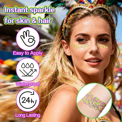 Miniatura 4 de MEICOLY Barra de purpurina corporal de Mardi Gras, barra de purpurina para el cabello para mujeres y niños, accesorios de atuendo de Mardi Gras