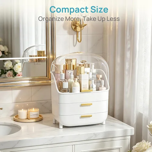 Miniatura 3 de Vtopmart - Organizador de maquillaje y cuidado de la piel de 3 niveles con cajones y tapa para tocador y encimera de baño, caja grande de Blanco