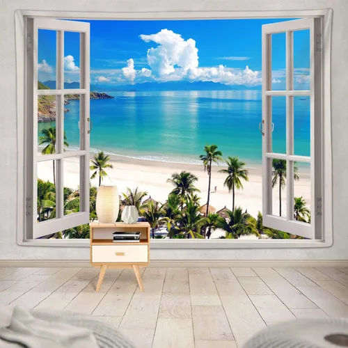 Miniatura 9 de Sanzugh - Tapiz de pared de playa del océano, arte de ventana falsa de naturaleza del mar de Hawái, tapices para colgar en dormitorio, dormitorio