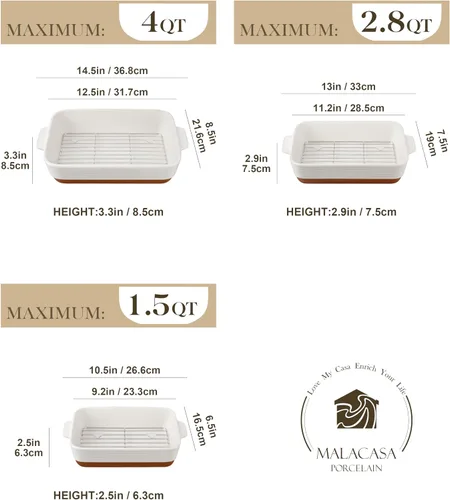 Miniatura 2 de MALACASA Juego de 3 platos de cacerola para horno con parrillas para asar, juego de platos de cerámica para hornear, juego de platos para hornear