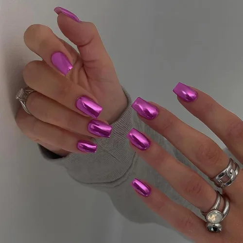 Miniatura 3 de Uñas Postizas Cuadradas de Cromo Púrpura Cortas Medianas para Presionar, KQueenest Uñas Acrílicas Falsas de Plateado Metálico Espejo para Presionar