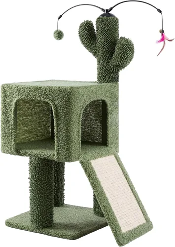 Miniatura 2 de Árbol de cactus para gatos de interior de 32 pulgadas, casa para gatos 2 en 1 con poste rascador de sisal y rampa, torre para gatos de 2 niveles