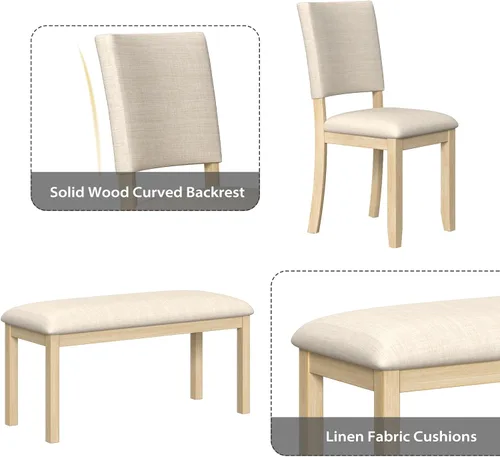 Miniatura 5 de Zevemomo Juego de mesa de comedor de madera maciza de 6 piezas, incluye 1 mesa de comedor, 4 sillas tapizadas y 1 banco, juego de mesa de comedor