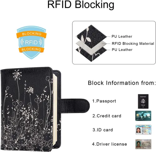Miniatura 3 de WALNEW Funda para pasaporte, funda para pasaporte, tarjeta, cartera, C-black Flowers, Estilo C