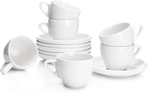 Sweese - Juego de 6 tazas de porcelana de 4 onzas con platillos para espresso, capuchino, latte, té - Color blanco