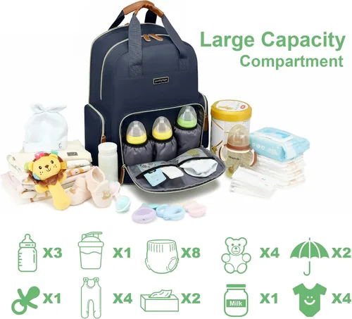 Miniatura 7 de Mochila para pañales con cambiador, organizador de bolsas de pañales para mamás, papás, bolsas cambiadoras grandes para bebés Azul