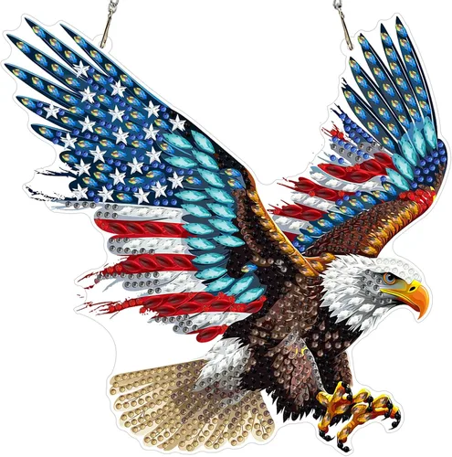 Miniatura 29 de MXJSUA Atrapasoles con pintura de diamante de águila calva americana, kits de arte de diamantes para adultos, adornos colgantes con cadena