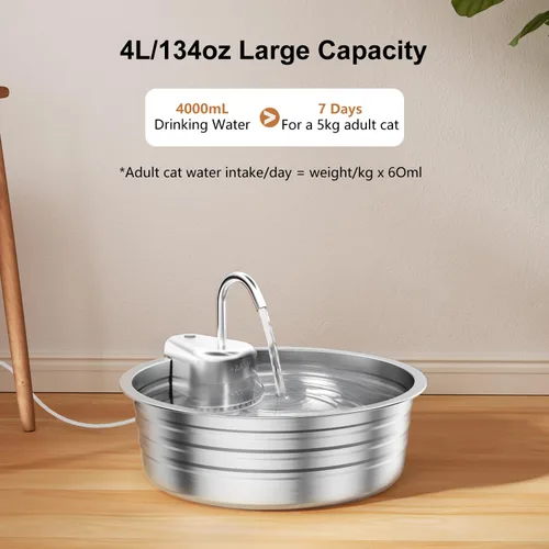 Miniatura 2 de Fuente de agua para gatos de acero inoxidable, fuente de agua para mascotas de gran capacidad de 135 onzas / 4 litros para gatos en interiores