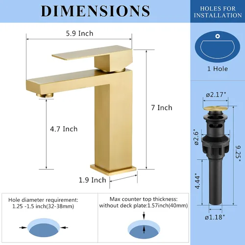Miniatura 5 de Tohlar Grifo de baño dorado, grifo dorado cepillado para fregadero de baño, grifo de baño dorado de un solo agujero, moderno grifo de lavabo