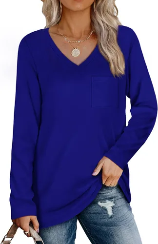 Miniatura 2 de Geifa Blusa de manga larga con cuello en V para mujer, holgada, casual, con bolsillo