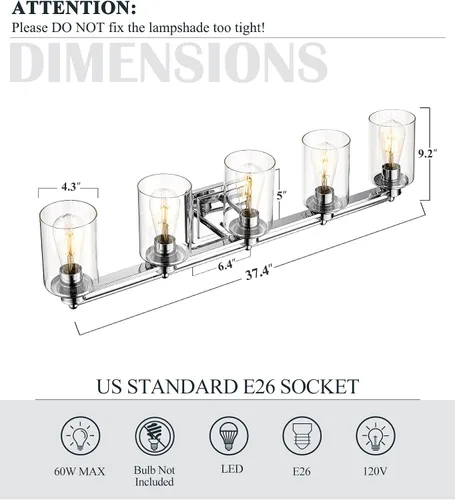 Miniatura 3 de HWH - Lámpara de tocador cromada con 5 luces sobre espejo, lámpara de pared moderna para baño, 37 pulgadas, acabado cromado, 5HLT63B-5W CH