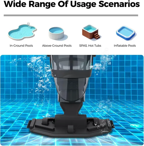 Miniatura 8 de Aspiradora inalámbrica para piscina sobre el suelo, aspiradora de piscina recargable con poste telescópico de 69 pulgadas, succión de 20 GPM, tiempo