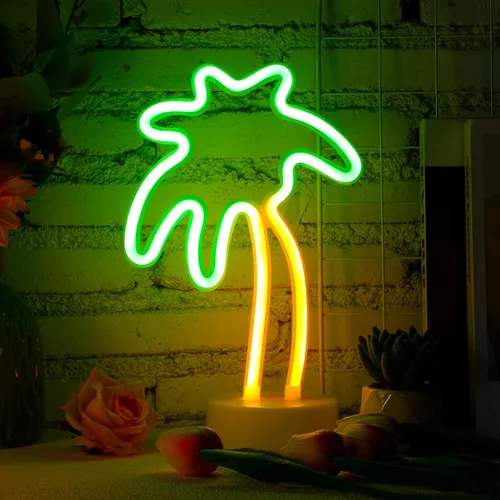 Miniatura 2 de Liliful Letrero de neón de flamenco, palmera de coco, luces de neón, hojas de palmera, funciona con pilas, alimentado por USB, con pedestal