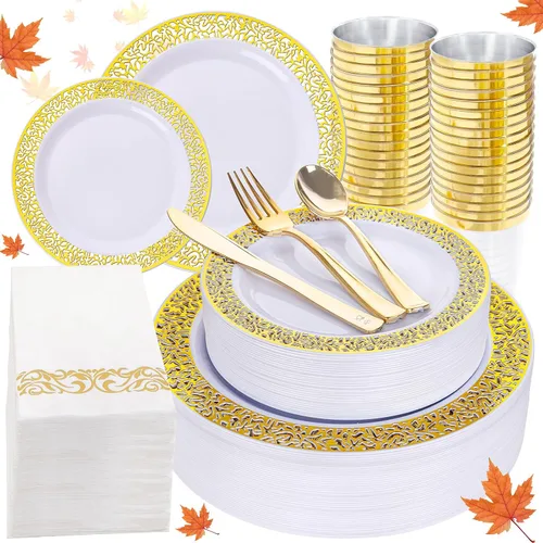 I00000 160 platos de plástico dorado, cubiertos dorados con servilletas doradas, incluye: 40 tenedores, 20 cucharas, 20 cuchillos, 20 platos de