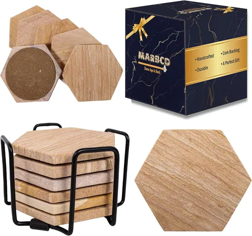 Miniatura 13 de Posavasos redondos absorbentes de agua hechos a mano para bebidas, 4 pulgadas de ancho, hechos de piedra arenisca arcoíris (juego de 6 con soporte)