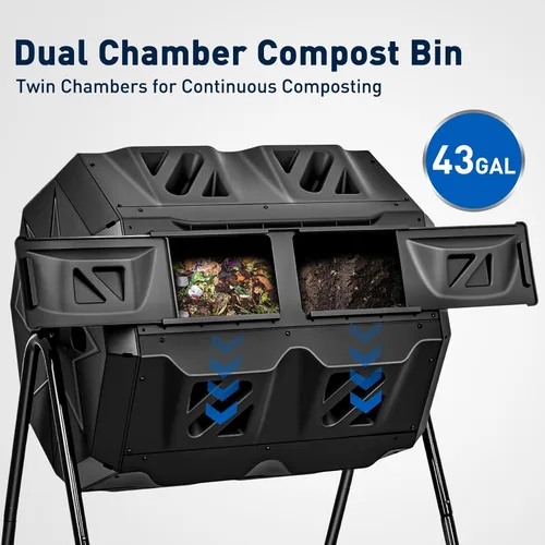 Miniatura 2 de Yesker Contenedor de compostaje de doble cámara para exteriores, compostador giratorio de 43 galones con puertas correderas, montaje rápido