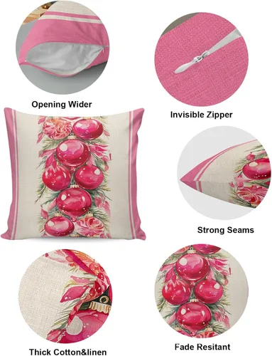 Miniatura 5 de Paquete de 2 fundas de almohada de algodón, diseño de bolas rosas de Feliz Navidad, cuadradas, suaves, decorativas, para sala de estar, dormitorio