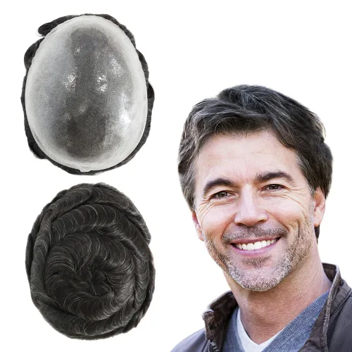 Miniatura 15 de HAIR NATURE Cabello humano Toupee para hombre, sistemas de reemplazo de cabello para hombres, 0.005 in polivinílico anudado festoneado frontal #3