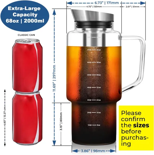 Miniatura 4 de Aquach Cafetera de café frío (Cold Brew) para café y té de 68 onzas, jarra de vidrio y filtro de acero inoxidable, apta para lavavajillas, cafetera