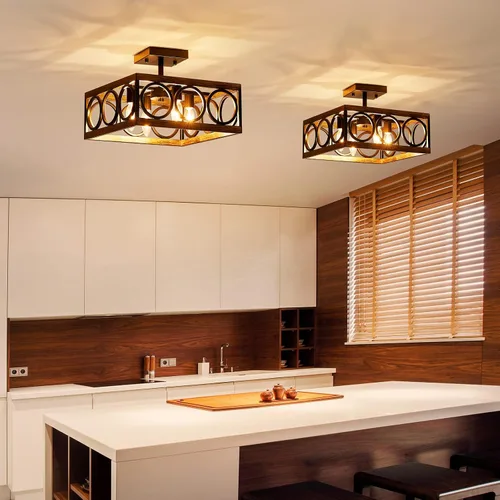 Miniatura 7 de XINGQI Moderna lámpara de techo semiempotrada de 4 luces de 13 pulgadas para sala de estar, comedor, dormitorio, grano de madera antigua+acabado