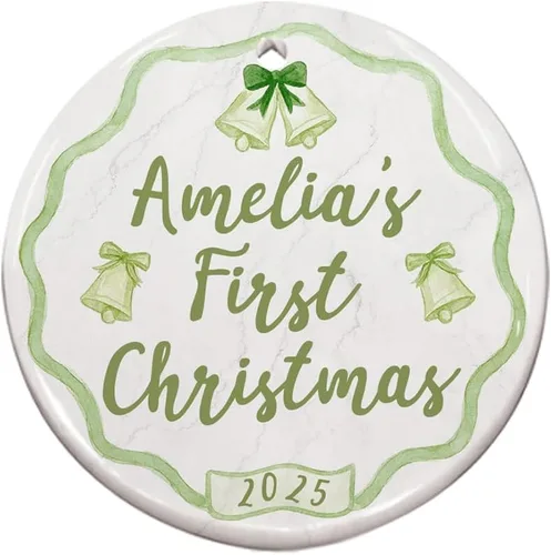 Miniatura 5 de Adorno personalizado de cerámica para la primera Navidad del bebé 2025 – Recuerdo navideño de copo de nieve personalizado con nombre, nuevo adorno