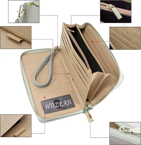 Miniatura 5 de WOZEAH - Cartera de piel sintética con cremallera y bloqueo RFID para mujer, ideal para viajar