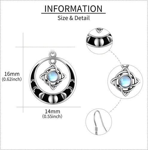 Miniatura 6 de Pendientes de nudo de brujas de plata de ley, aretes de nudo mágico de bruja, piedra lunar, joyería pagana, joyería de fase para mujeres y niñas