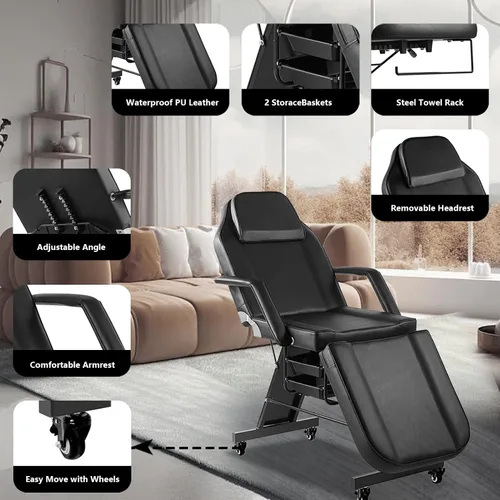 Miniatura 2 de Silla de tatuaje para cliente, silla facial con ruedas, cama de tatuaje ajustable de 73 pulgadas para mesa de masaje de artista, con taburete, cama