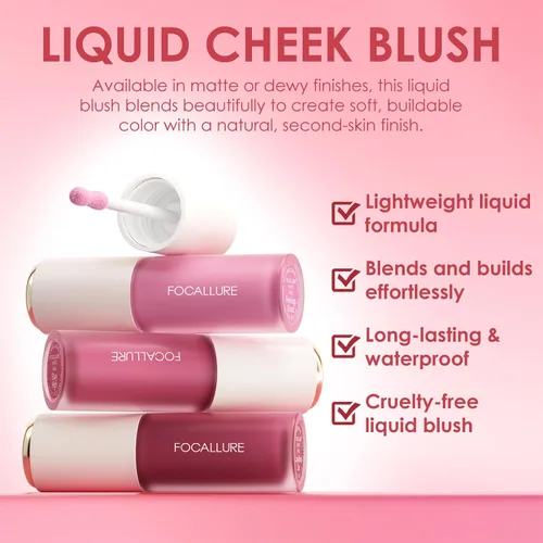 Miniatura 4 de FOCALLURE Rubor líquido en crema sedosa, deja un aspecto de maquillaje mate y rocío, fácil de aplicar y crear un rubor natural, maquillaje facial