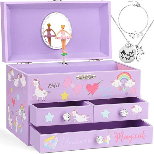 efubaby Joyero musical para niñas, organizador de joyas de 3 capas con cajones, diseño de unicornio de bailarina giratoria, incluye juego de joyas