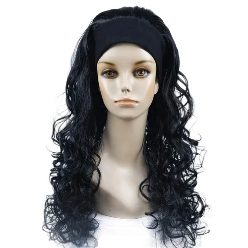 Wiginway 18 pulgadas largo rizado ondulado peluca resistente al calor fibra sintética con diadema negro moda natural para las mujeres negro Jet
