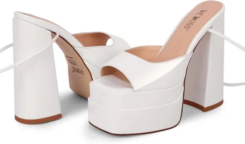 Miniatura 8 de wetkiss Tacones de plataforma para mujer, tacón grueso y sandalias de tiras con cordones, diseño de punta abierta para boda, trabajo, fiesta