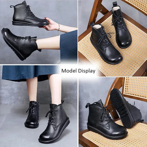 Miniatura 3 de AUNTHUI Botines de cuero genuino para mujer, botas cortas planas con punta redonda, cómodas y suaves, con cremallera lateral, botas casuales retro
