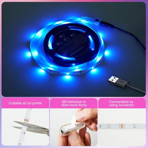Miniatura 6 de Tira de luces LED de 20 pies que cambian de color, lámpara de estado de ánimo con USB 5 V, funciona con RGB 5050, cinta de luces LED RGB 5050