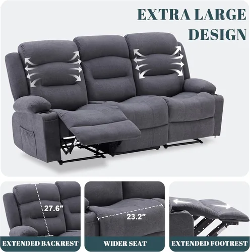 Miniatura 8 de Sofá reclinable extragrande con calor y masaje, sofá reclinable RV grande de 3 plazas para sala de estar, sofá reclinable de pared con portavasos