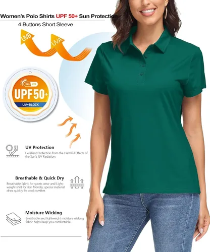 Miniatura 3 de MAGCOMSEN Polo para mujer UPF 50+, protección solar, 4 botones, casual, trabajo, secado rápido, manga corta, cuello de golf