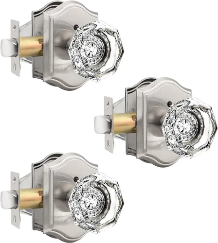 Gobrico Paquete de 3 pomos de puerta de cristal transparente, manijas de puerta de cama/baño, función de privacidad, perilla interior de vidrio de