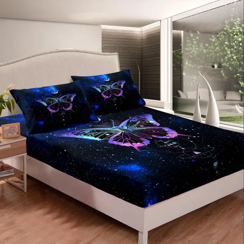 Miniatura 2 de Sábana bajera ajustable de mariposa, tamaño individual, estrellas estrelladas, galaxia azul, nebulosa, universo de nebulosa, suave, lujoso, juego