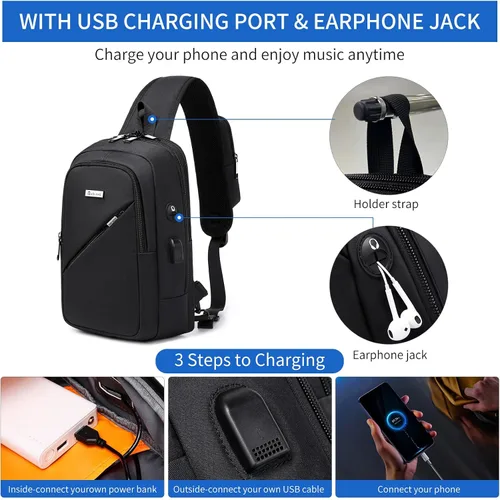 Miniatura 42 de DUSLANG Mochila de hombro para senderismo, bolsa cruzada para hombres, bolsas de pecho con puerto de cargador USB para campamento casual, ciclismo