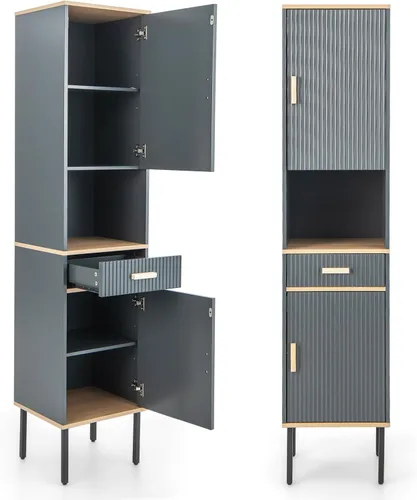Miniatura 9 de Tangkula Armario alto de baño, armario de almacenamiento independiente con puertas gabinete, compartimento abierto y cajón, torre estrecha