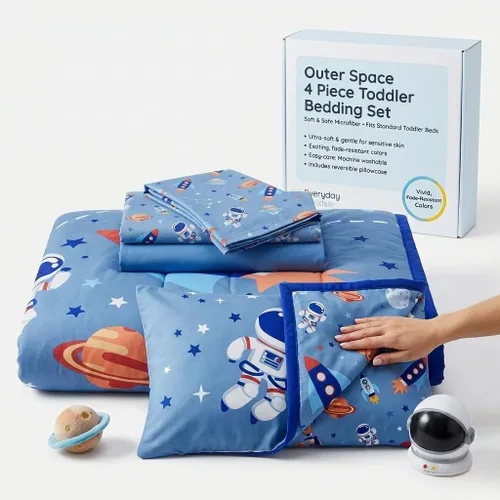Miniatura 8 de EVERYDAY KIDS Juego de ropa de cama de 4 piezas para niños pequeños – Aventuras del espacio exterior – Incluye edredón, sábana encimera, sábana