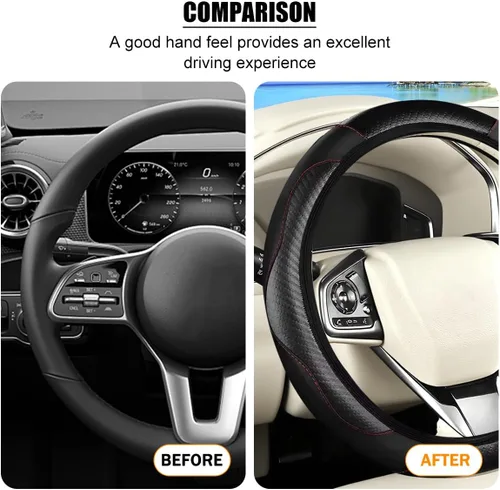 Miniatura 6 de Funda de fibra de carbono para volante de automóvil, protector elástico para volante de automóvil de 14.5 a 15 pulgadas, estilo deportivo