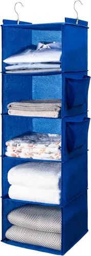 Miniatura 15 de BOOMIBOO Organizador de armario colgante y estantes, 5 estantes colgantes con 2 bolsillos laterales, almacenamiento plegable (negro)