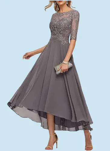 Miniatura 3 de A Line Tea Length Mother of The Bride Dress with Sleeve Half Sheer Lace Applique Chiffon Formal Evening Party Gowns for Women