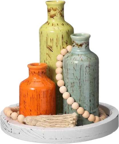 Miniatura 14 de Juego de 5 piezas de centros de mesa rústicos de mesa, juego de 3 jarrones de cerámica boho con bandeja de madera para servir cuentas de madera