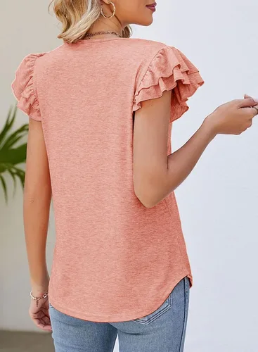 Miniatura 2 de Dokotoo Camisetas casuales de manga corta con volantes para mujer, lindas camisetas de punto acanalado de color sólido