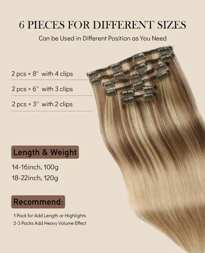 Miniatura 4 de VINBAO Extensiones de cabello humano con clip, balayage, color marrón ceniza a rubio caramelo, 14 pulgadas, 6 unidades, 3.53 onzas, 6