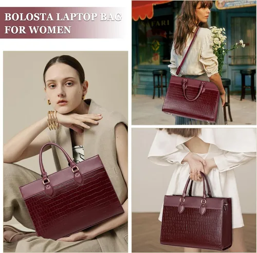 Miniatura 2 de BOLOSTA Bolsa para laptop para mujer, bolsa de trabajo de 15.6 pulgadas para mujer, bolsa grande de cuero impermeable para computadora con bolso