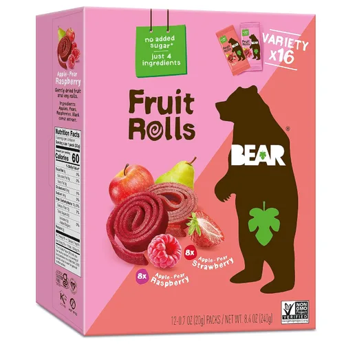 BEAR Rollos de fruta real, paquete variado, 16 unidades (2 rollos por paquete)