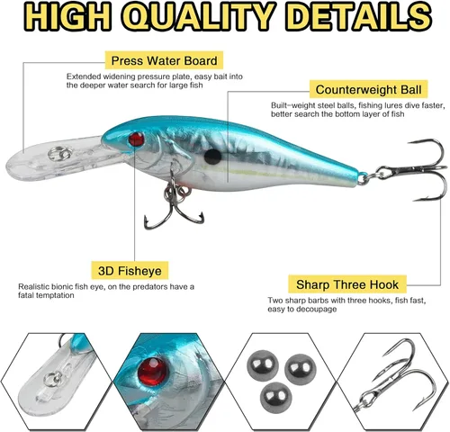Miniatura 2 de Crankbait Minnow - Señuelos de pesca, 10 señuelos de agua superior con anzuelos agudos, cebos duros Swimbaits 3D ojos de pesca realistas cebo